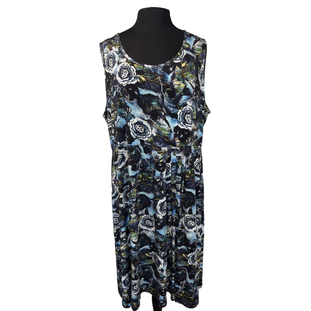 NEW Blue Sky Midi Judy Dress Women's Size 1X Multi Blue Floral Sleeveless Swing